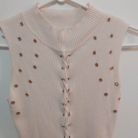 Main Strip Beige Rayon Bodycon Sleeveless Dress Size Medium (M) - Picture 2 of 5